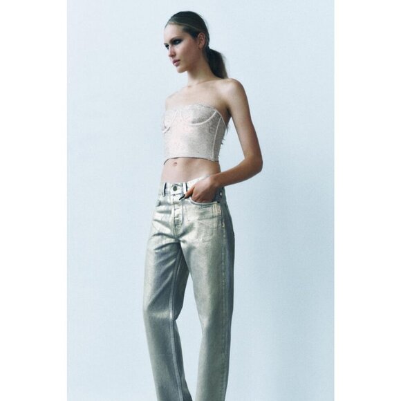 NWOT Zara champagne ecru sequin embellished corset crop top, XS, S, M, or L - Picture 5 of 16